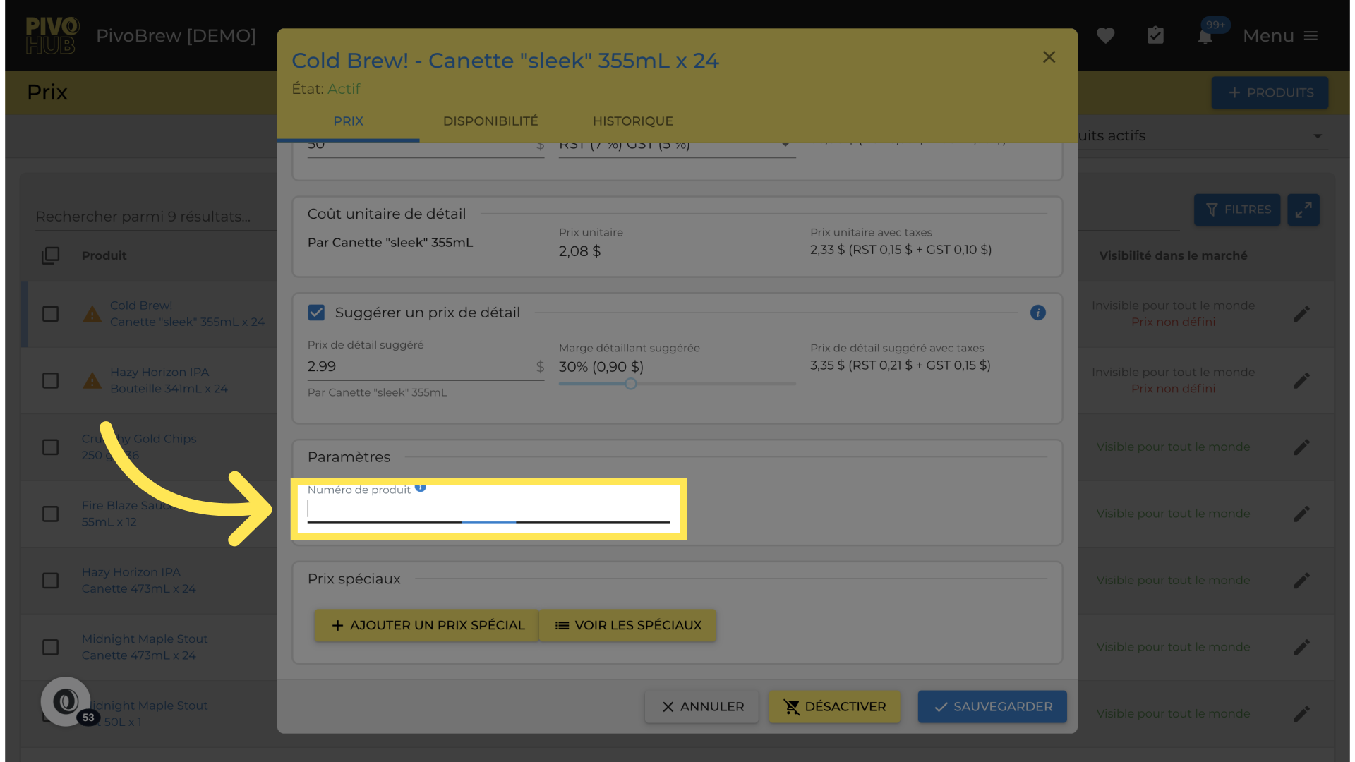 Ajoutez un numéro de produit au besoin